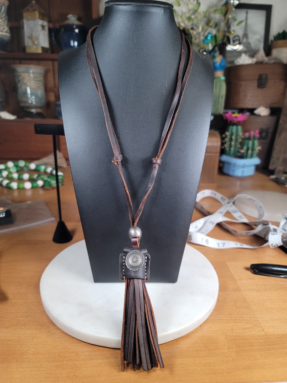paparazzi Brown Leather Tassel Adjustable Necklace with Concho Accent